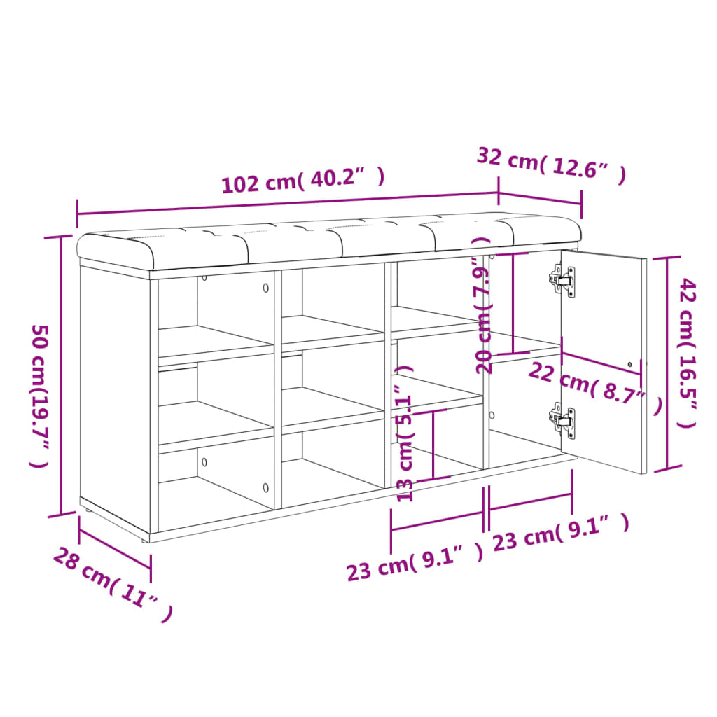 vidaXL Skobänk sonoma-ek 102x32x50 cm konstruerat trä