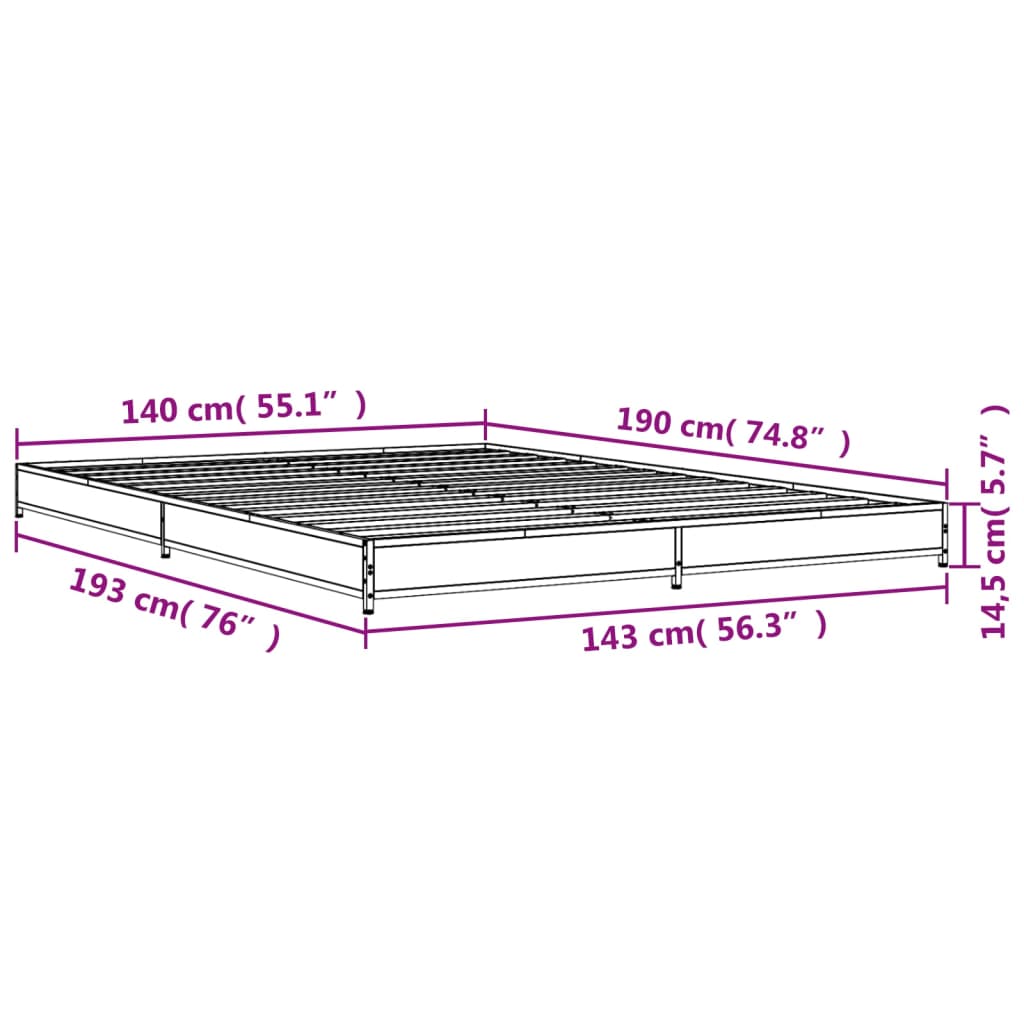 vidaXL Sängram rökfärgad ek 140x190 cm konstruerat trä och metall