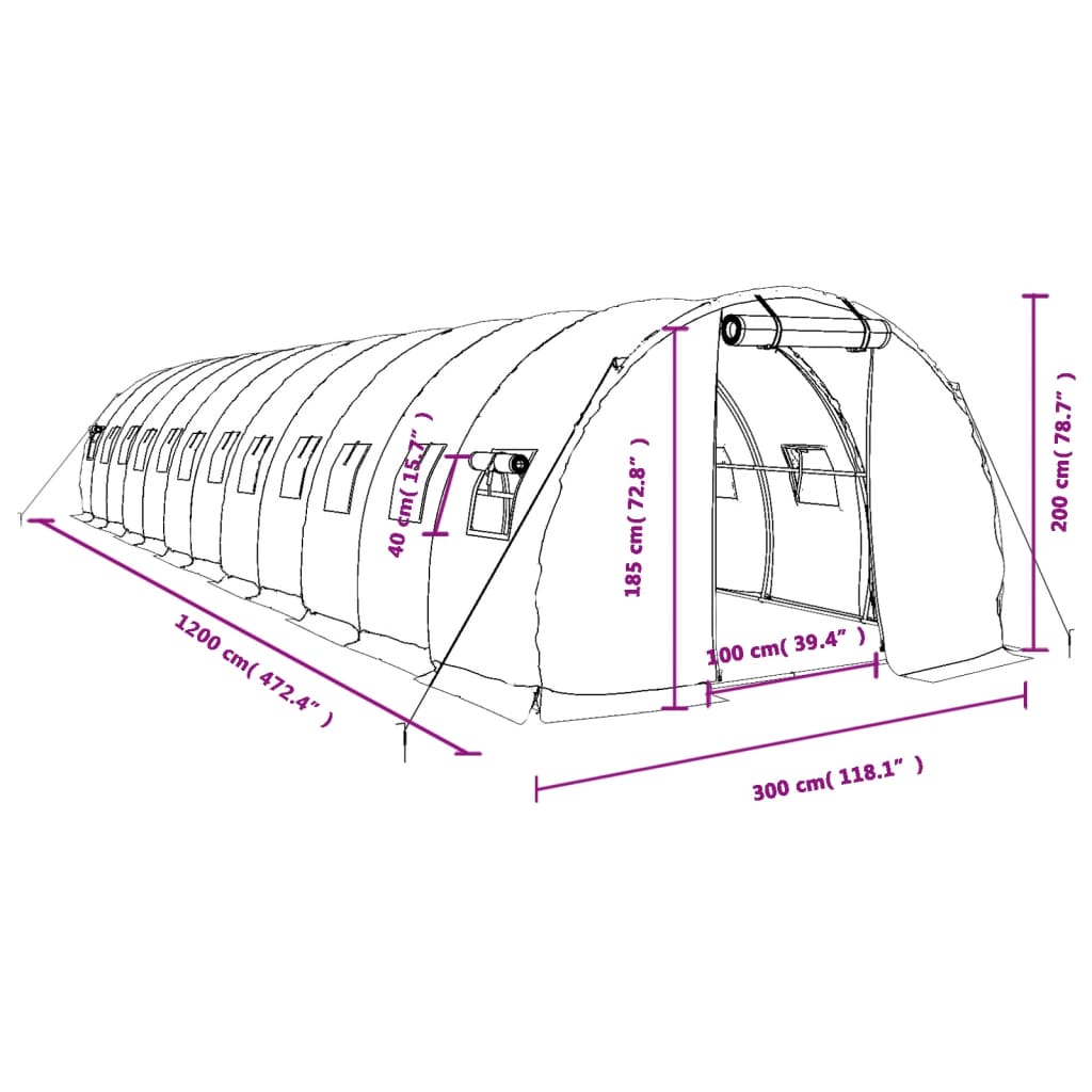 vidaXL Växthus med stålram grön 36 m² 12x3x2 m