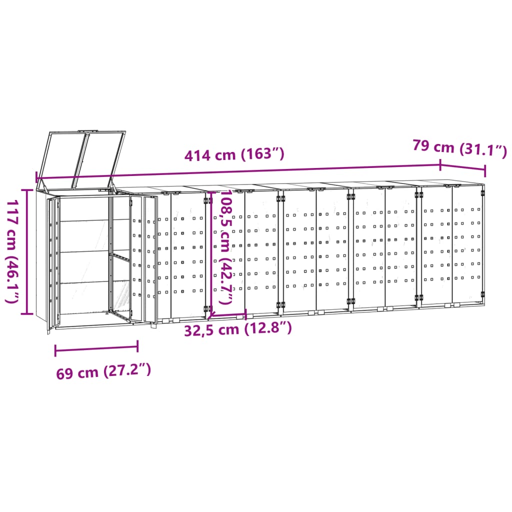 vidaXL Skjul för sopkärl för 6 platser grå 414x79x117 cm stål